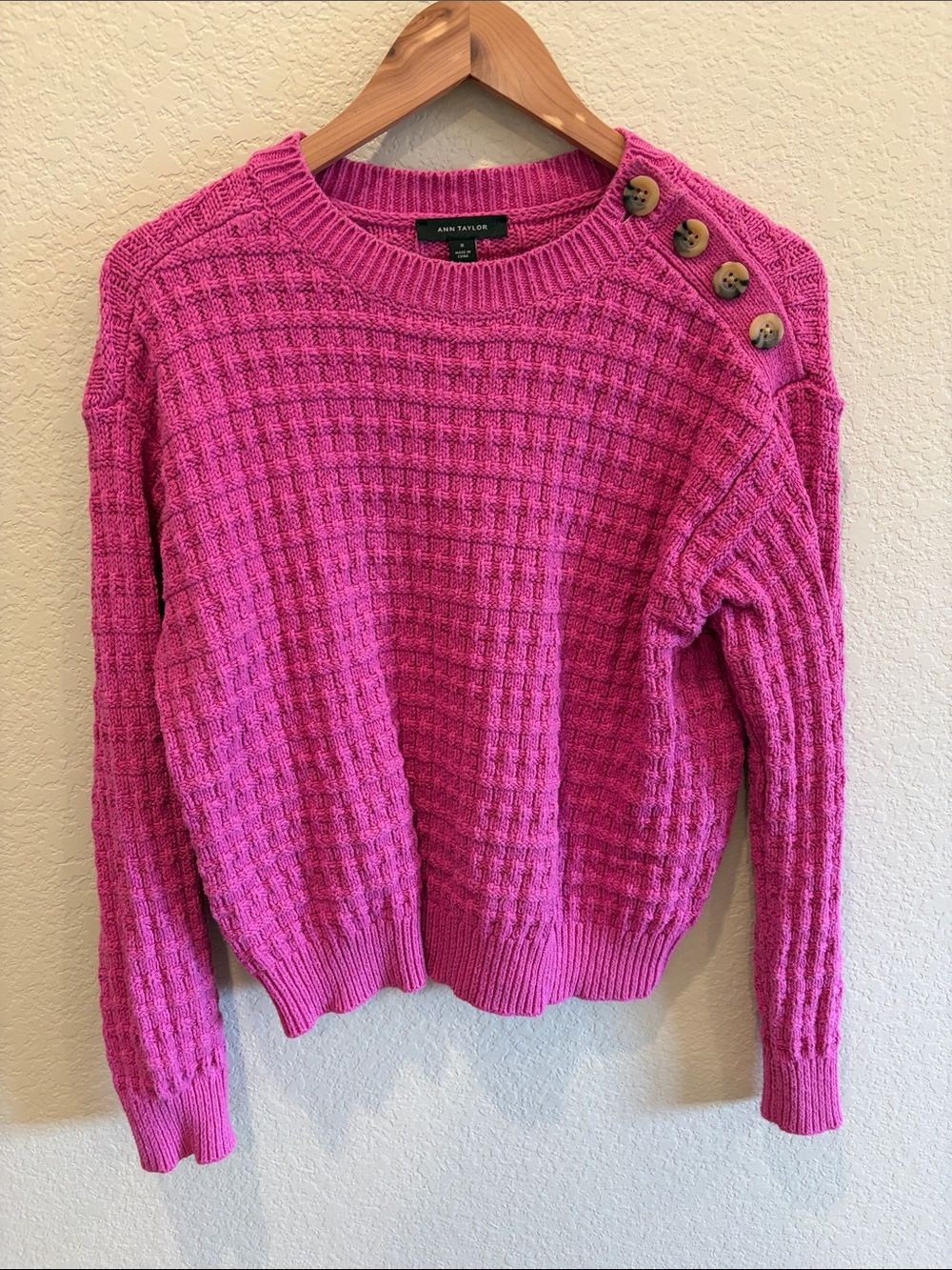 Ann Taylor Fuchsia Waffle-Knit Crew Sweater with Shoulder Buttons